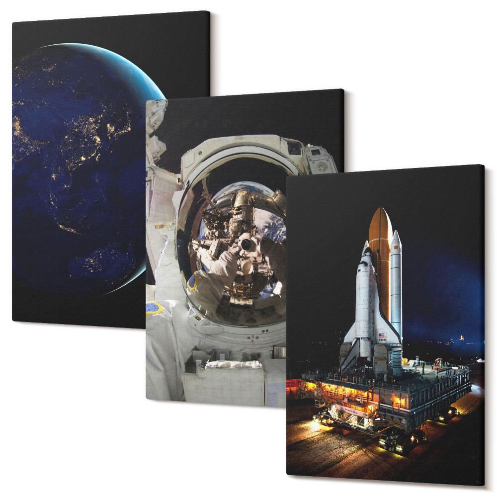 Set tablouri canvas triptic Vederi ale spațiului cu Pământ, astronaut și rachetă