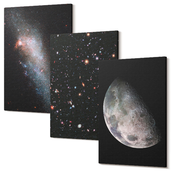 Tablou canvas set triptic Stele din galaxie spațială și luna plină