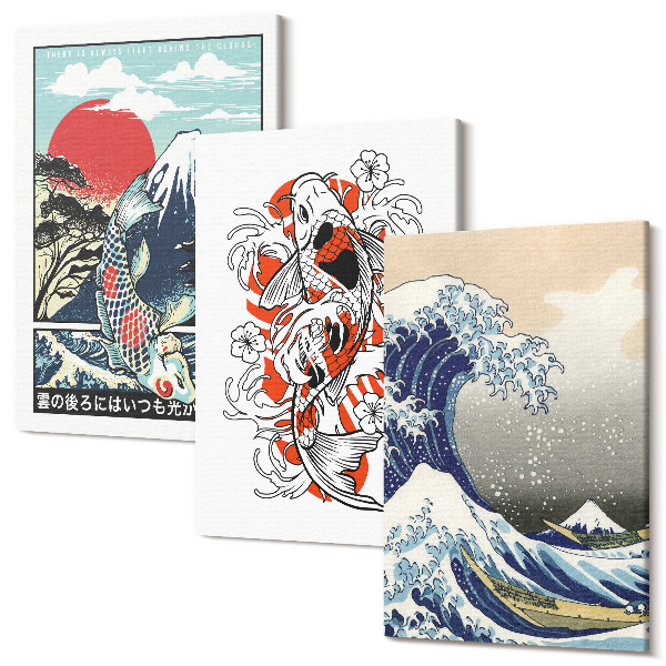Tablou 3 piese Ilustrații ale munților de pești și ale Marelui Val de lângă Kanagawa, în stil japonez