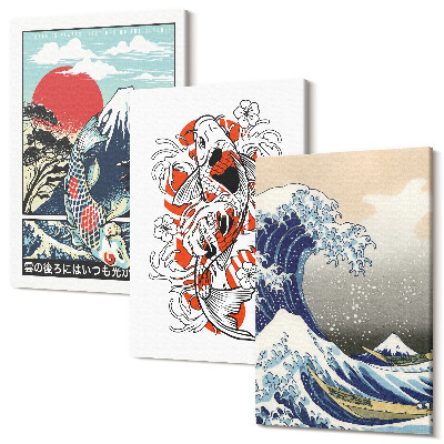 Tablou 3 piese Ilustrații ale munților de pești și ale Marelui Val de lângă Kanagawa, în stil japonez