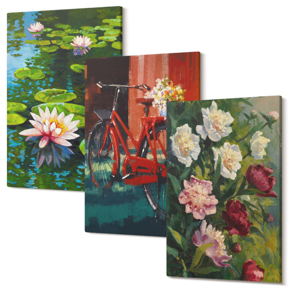 Tablou 3 piese Crini pe apă, bicicletă în grădină, flori colorate