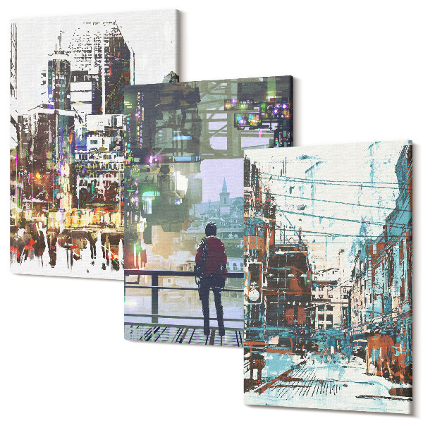 Set tablouri canvas triptic Orașe moderne în culori cu o figură în fundal