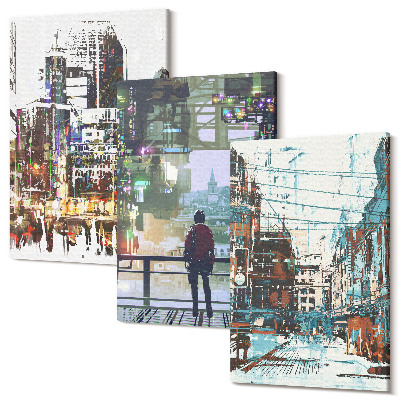 Set tablouri canvas triptic Orașe moderne în culori cu o figură în fundal