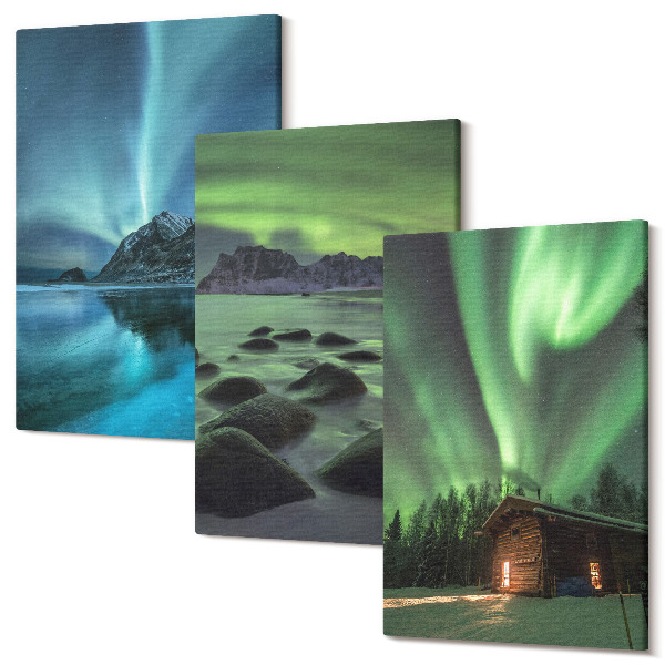 Tablou 3 piese Peisaje de iarnă cu aurora boreală peste munți