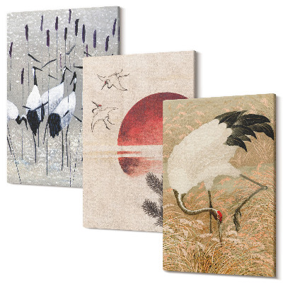 Set tablouri canvas triptic Ilustrații de macara japoneză peisaj japandi