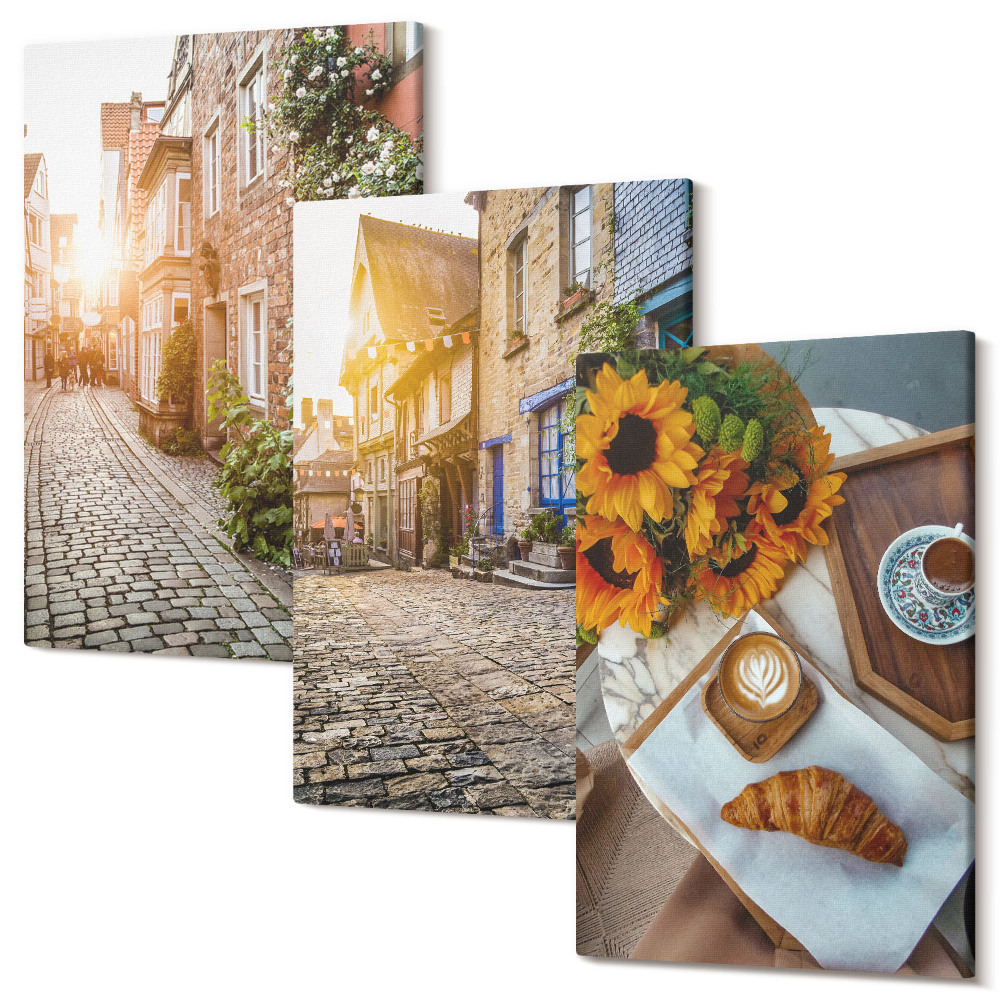 Tablou canvas set triptic Străzi fermecătoare cu cafea și floarea soarelui