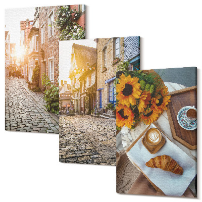 Tablou canvas set triptic Străzi fermecătoare cu cafea și floarea soarelui