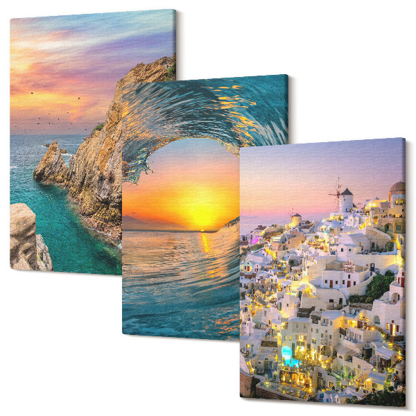 Tablou 3 piese Vederi la mare, valuri și case albe în Santorini, Grecia