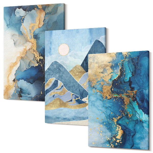 Tablou canvas set triptic Munți albaștri cu elemente de model abstract