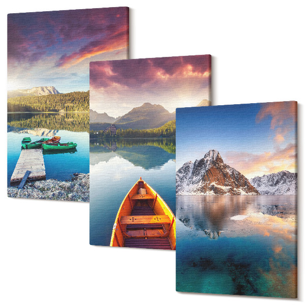 Tablou 3 piese Lacuri liniștite cu peisaj montan și o barcă