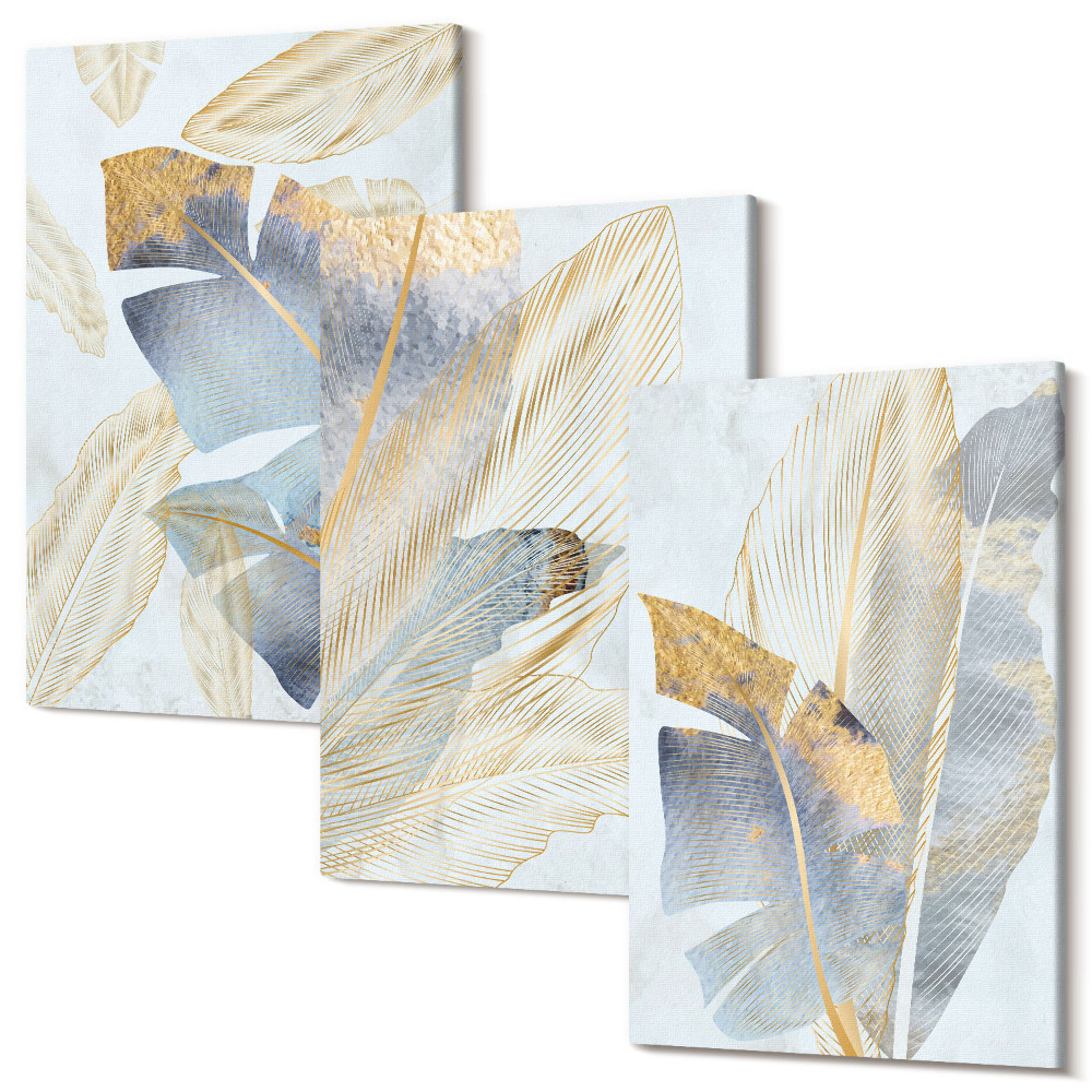 Set tablouri canvas triptic Frunze în nuanțe de albastru și bej pe un fundal deschis