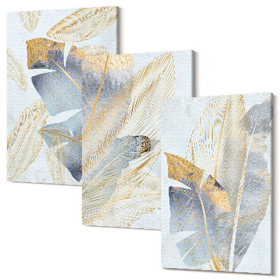 Set tablouri canvas triptic Frunze în nuanțe de albastru și bej pe un fundal deschis