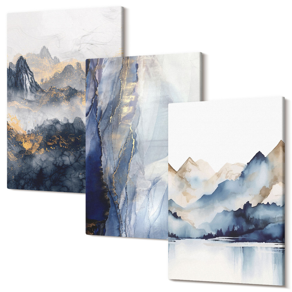 Tablou canvas set triptic Peisaje montane cu tonuri de albastru si gri