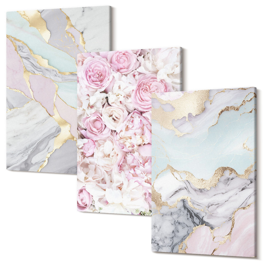 Tablou 3 piese Flori roz cu modele de marmură și pastel
