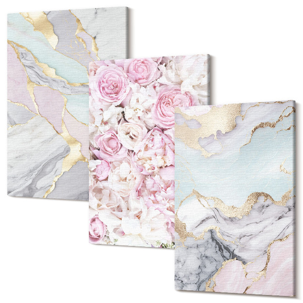 Tablou 3 piese Flori roz cu modele de marmură și pastel