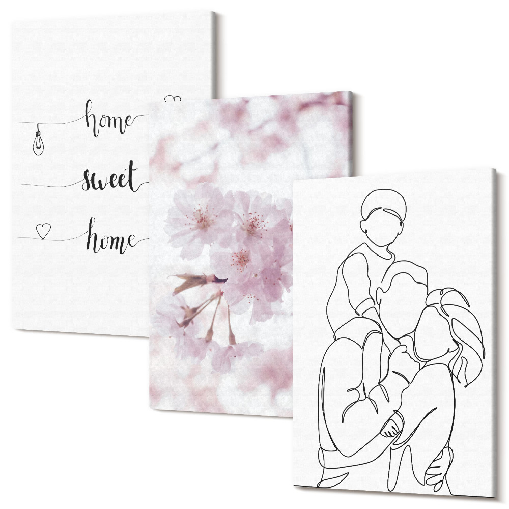 Set tablouri canvas triptic Flori și familie într-un design minimalist