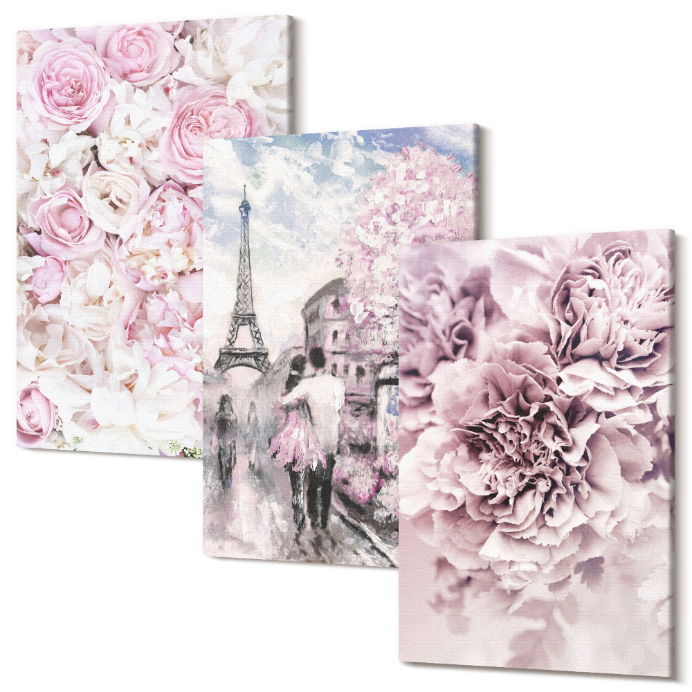 Tablou canvas set triptic Flori în nuanțe de peisaj romantic roz