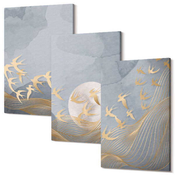 Tablou canvas set triptic Păsări în zbor împotriva cerului și a lunii