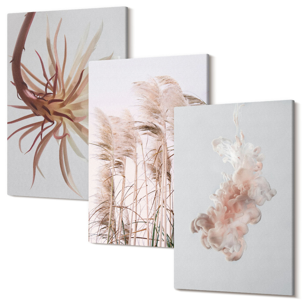 Tablou canvas set triptic Flori și ierburi pe fond deschis într-un set armonios