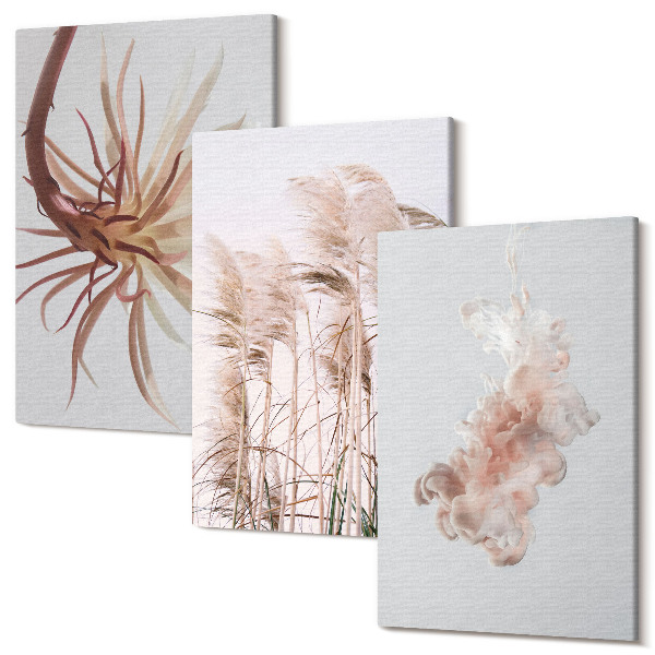 Tablou canvas set triptic Flori și ierburi pe fond deschis într-un set armonios