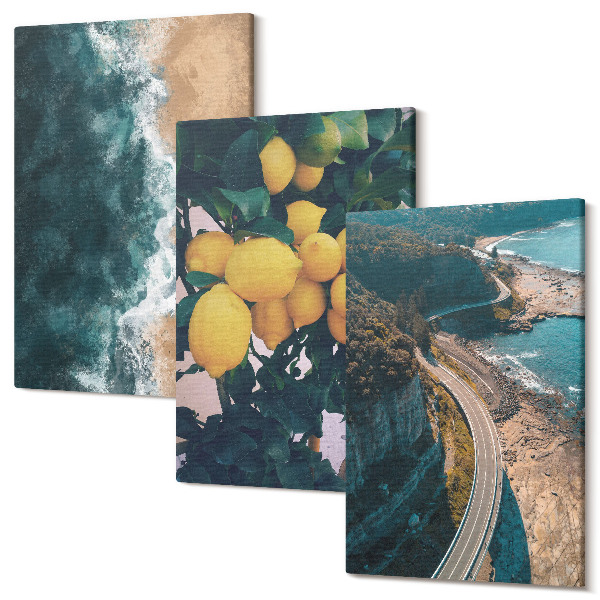 Tablou 3 piese Mare plajă lămâi peisaj montan drum de coastă