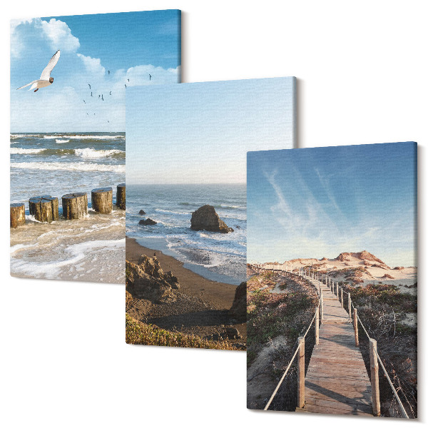 Set tablouri canvas triptic Vedere la plajă cu valuri, cer și un debarcader