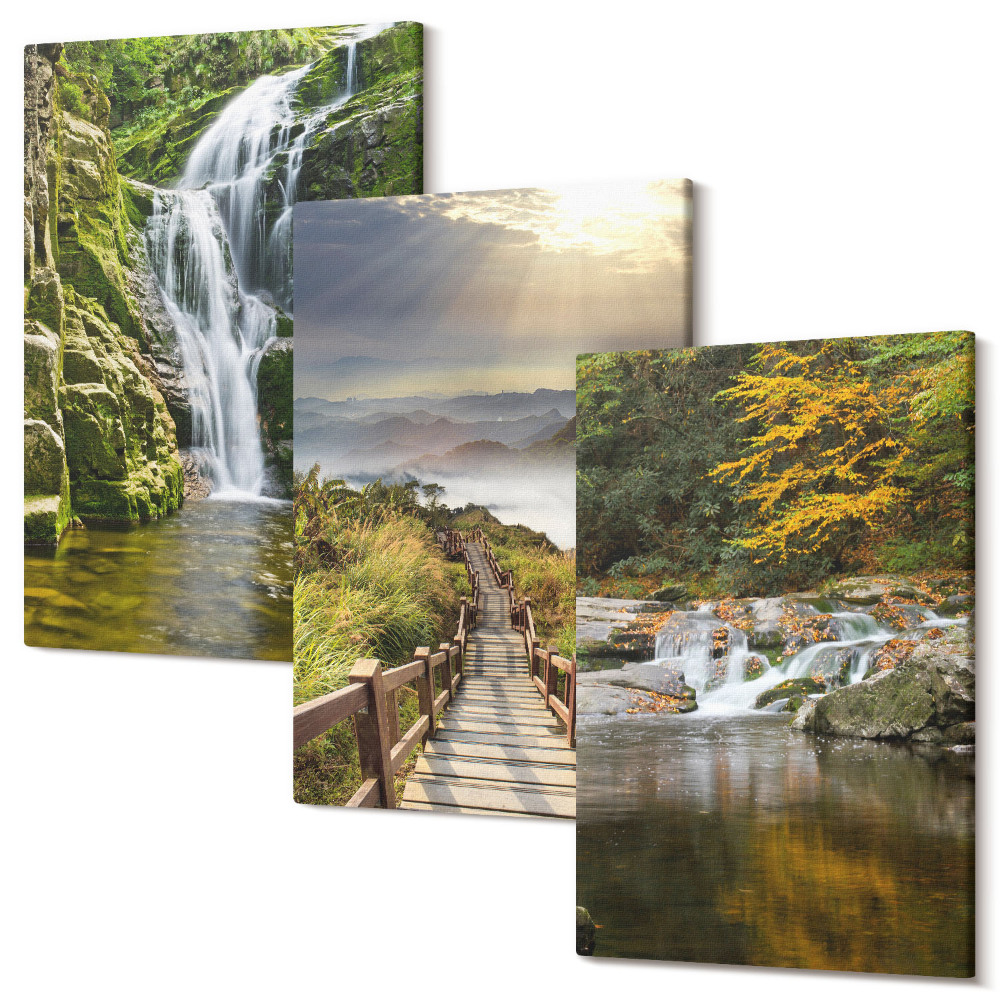 Tablou 3 piese Cascade, munți, poteci cu nori și vederi de toamnă