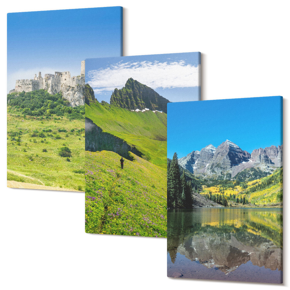 Set tablouri canvas triptic Dealuri verzi cu un castel și peisaje montane