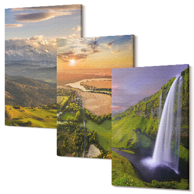 Tablou canvas set triptic Vederi ale râului de munte și cascadei în natură