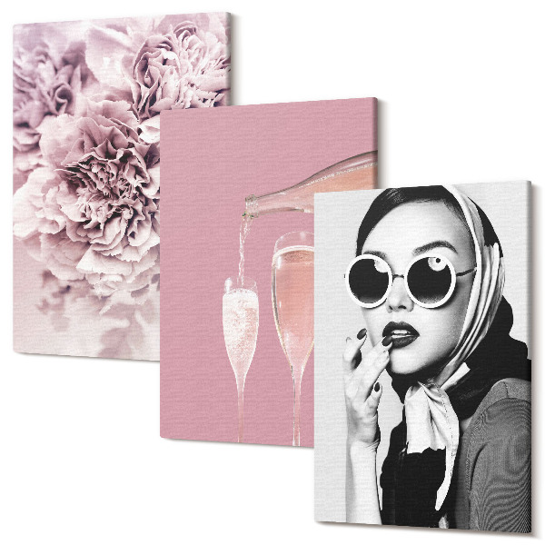 Set tablouri canvas triptic Flori în nuanțe de roz și o femeie elegantă