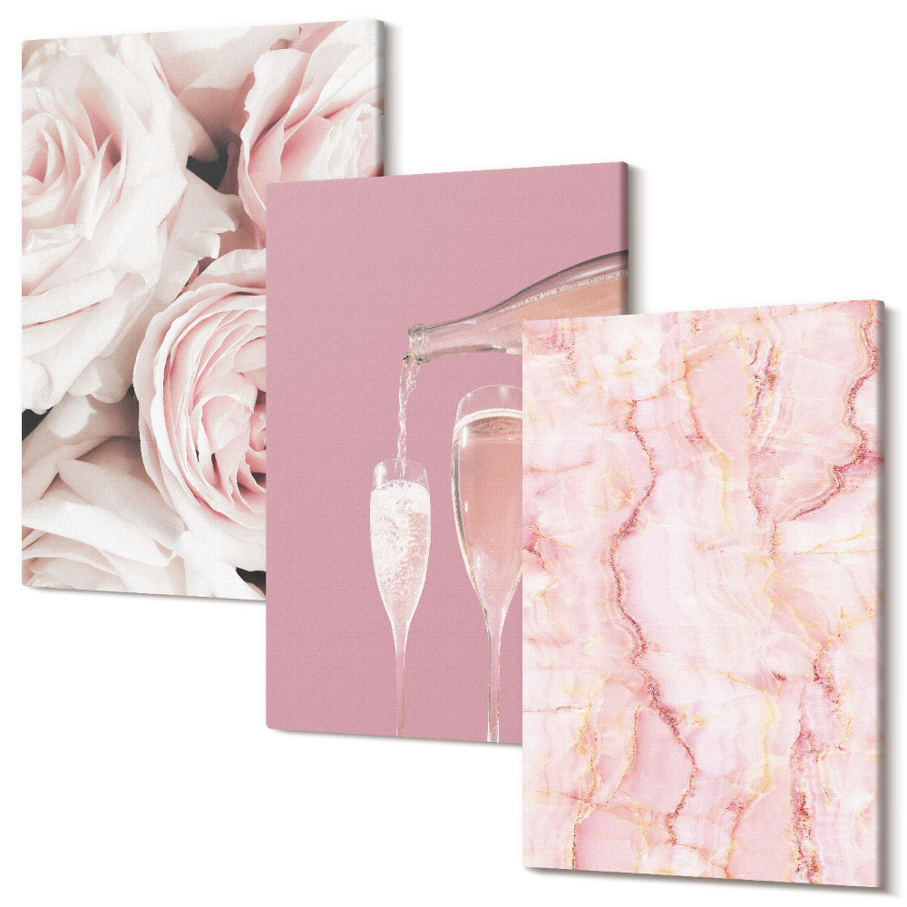 Tablou 3 piese Trandafiri de șampanie și un fundal de marmură pastel
