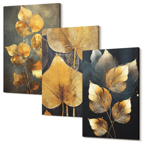 Tablou 3 piese Frunze în nuanțe de galben pe un fundal întunecat