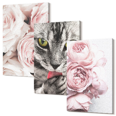 Set tablouri canvas triptic O pisică printre flori roz de trandafiri și bujori