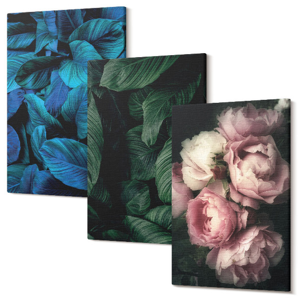 Tablou 3 piese Frunze și flori în diferite culori