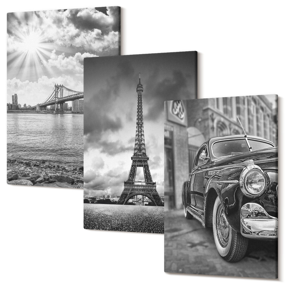 Set tablouri canvas triptic Vederi la oraș, poduri, Turnul Eiffel, mașină clasică