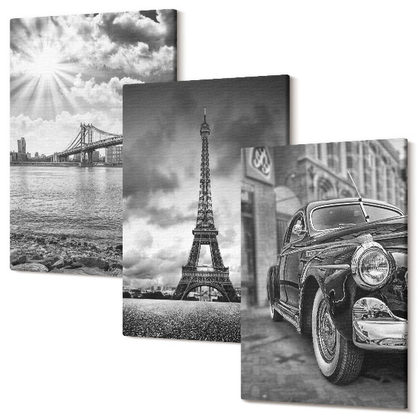 Set tablouri canvas triptic Vederi la oraș, poduri, Turnul Eiffel, mașină clasică