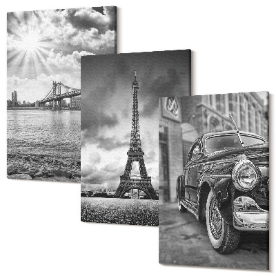 Set tablouri canvas triptic Vederi la oraș, poduri, Turnul Eiffel, mașină clasică