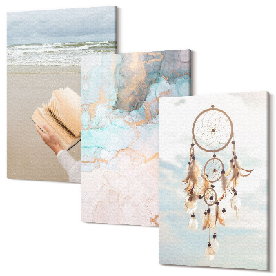 Tablou canvas set triptic Carte abstractă de lectură pe mare și prins de vise boho