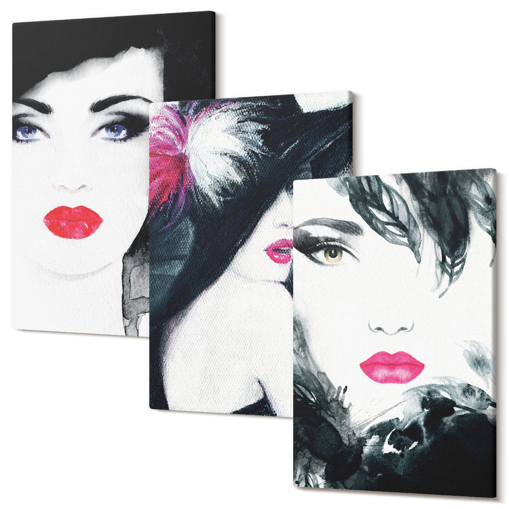 Tablou 3 piese Portrete pictate ale femeilor cu buze expresive