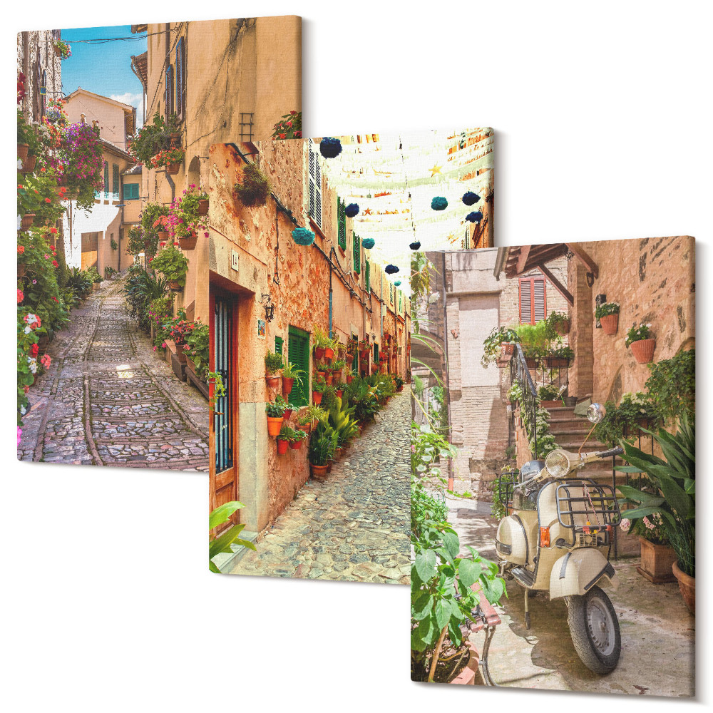 Set tablouri canvas triptic Străzi fermecătoare cu flori într-o atmosferă italiană