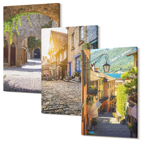 Tablou 3 piese Străzi fermecătoare cu clădiri din piatră și porți