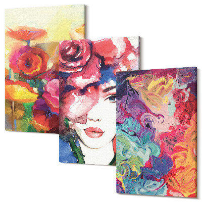 Tablou 3 piese Flori in culori intense, portret de femeie, abstract
