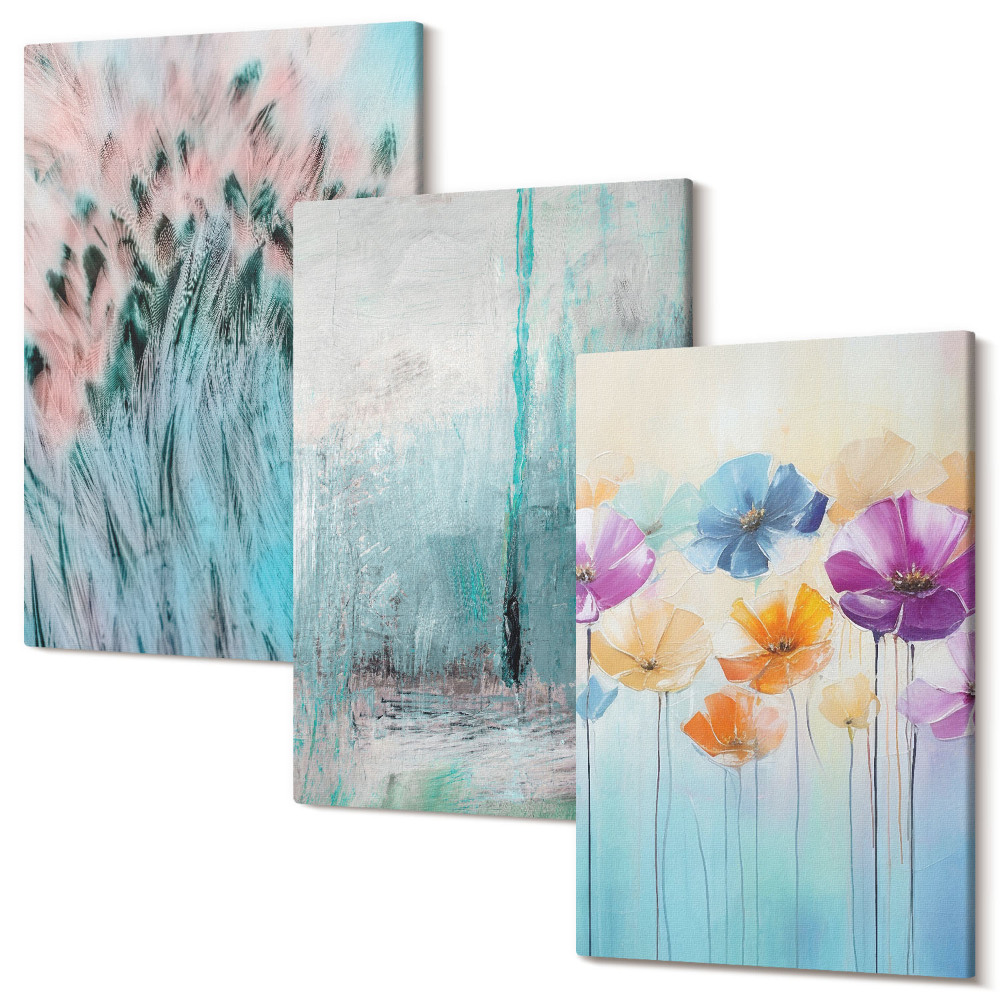 Set tablouri canvas triptic Flori pe un fundal de culori pastelate și modele delicate