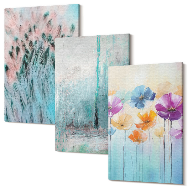 Set tablouri canvas triptic Flori pe un fundal de culori pastelate și modele delicate