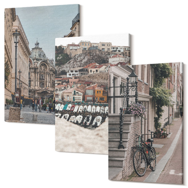 Set tablouri canvas triptic Străzi fermecătoare ale orașului, cu vedere la port și clădiri