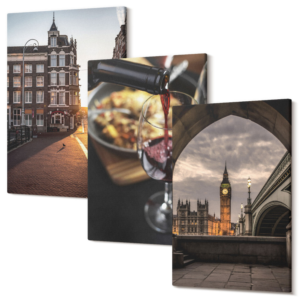 Tablou canvas set triptic Un set de poze cu un oraș, mâncare și o vedere a Londrei