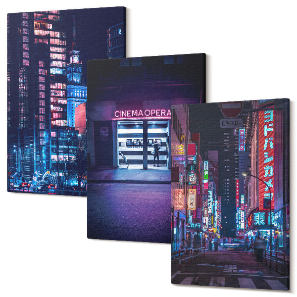 Tablou canvas set triptic Oraș de noapte cu lumini de neon și intrare la cinema