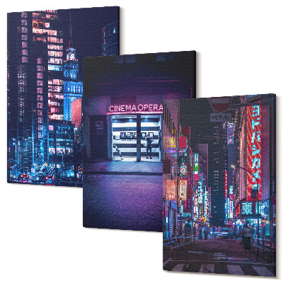 Tablou canvas set triptic Oraș de noapte cu lumini de neon și intrare la cinema