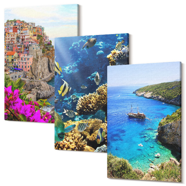 Set tablouri canvas triptic Vederi la malul mării, cu case colorate și un recif de corali