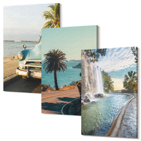Tablou 3 piese Peisaje de vacanță cu palmieri și o cascadă
